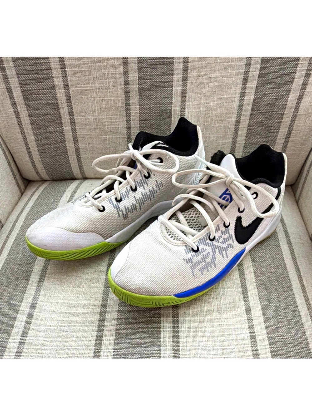 Nike Kids White Sneakers with Black Swoosh, Blue Trim & Lime Accents